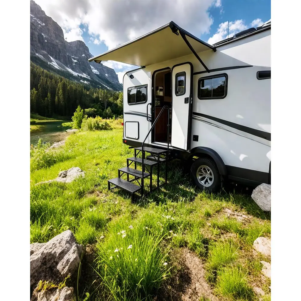 4-Step Outdoor RV Stairs with Handrail and Anti-Slip Treads for Hot Tub, Camper, and Porch Access