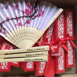 20/24/30PCS Customized Cherry Blossom Fan in Gift Box,Custom Printing Wedding Date and Name,Personalized Hand Folding Fans
