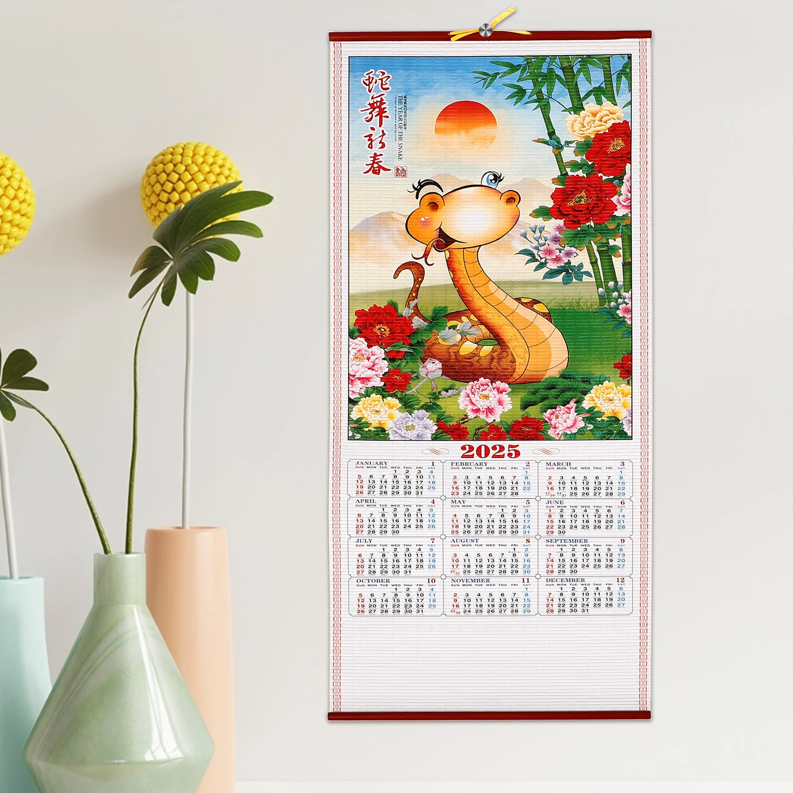 Imitação de rattan calendário parede mensal chinês 2025 decoração do quarto rolagem zodíaco escritório