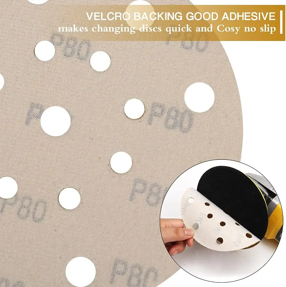 50PCS 6 Inch 17 Hole Hook & Loop Gold Sanding Discs 40-800 Assorted Grits Random Orbit Gold Sandpaper for Automotive Paint Metal