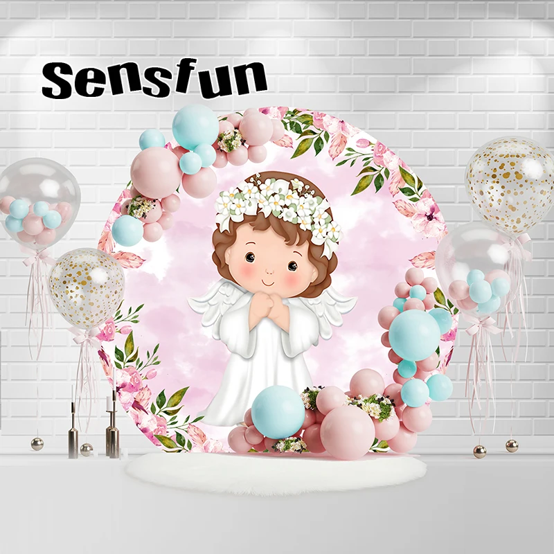 Baptism Round Background Holy First Communion Pink Florals Girl Angel Baby Shower Christening Party Decor Circle Backdrop Cover