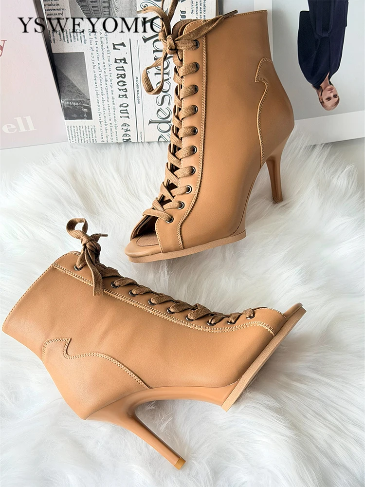 9.5cm Dance Heels Platform Brown PU Leather Shoes Jazz Pump Latin Salsa Dance Shoes For Women