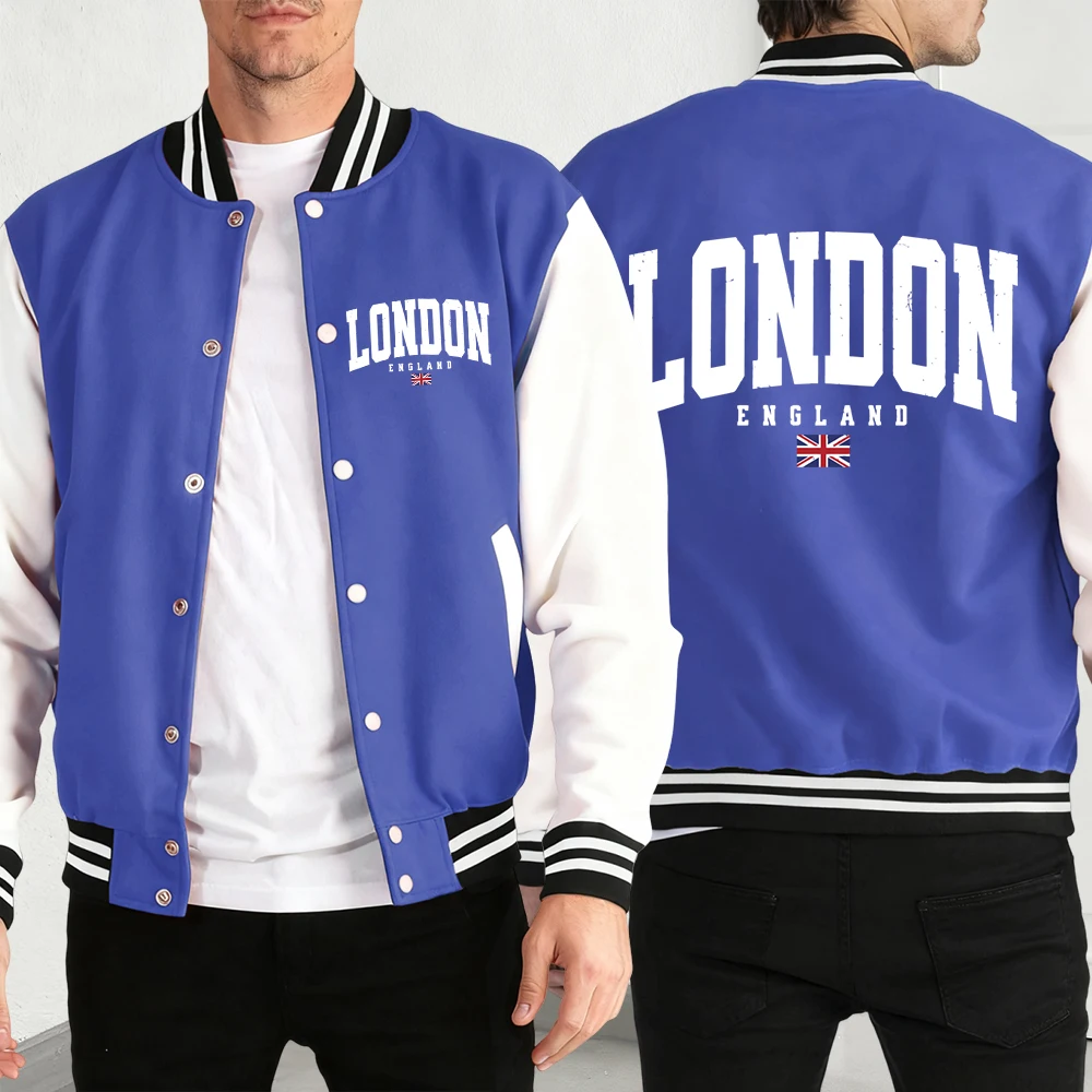 

London England Flag Print Coat For Men Fleece Baseball Jackets Autumn Loose Vintage Jacket Casual All-Match Streetwear Unisex