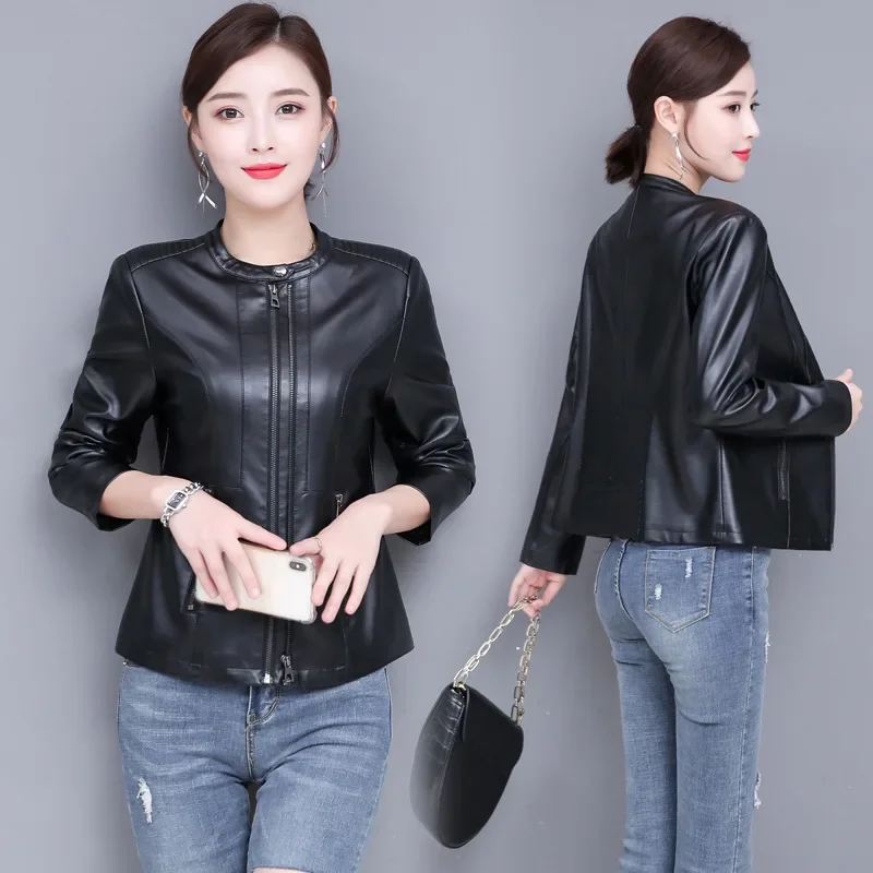 Short Silm Motorcycle Leather Jacket for Women 2023 Autumn New Leather Jackets Women's Stand Collar Zipper Leather Coats Jaqueta