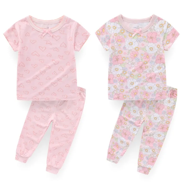 

4 Pieces Unisex Bamboo Cotton Baby Boy Clothes Sets 12-24M Tops+Pants Baby Girl Clothes Sets 3-5T Short Sleeve Pajamas Summer