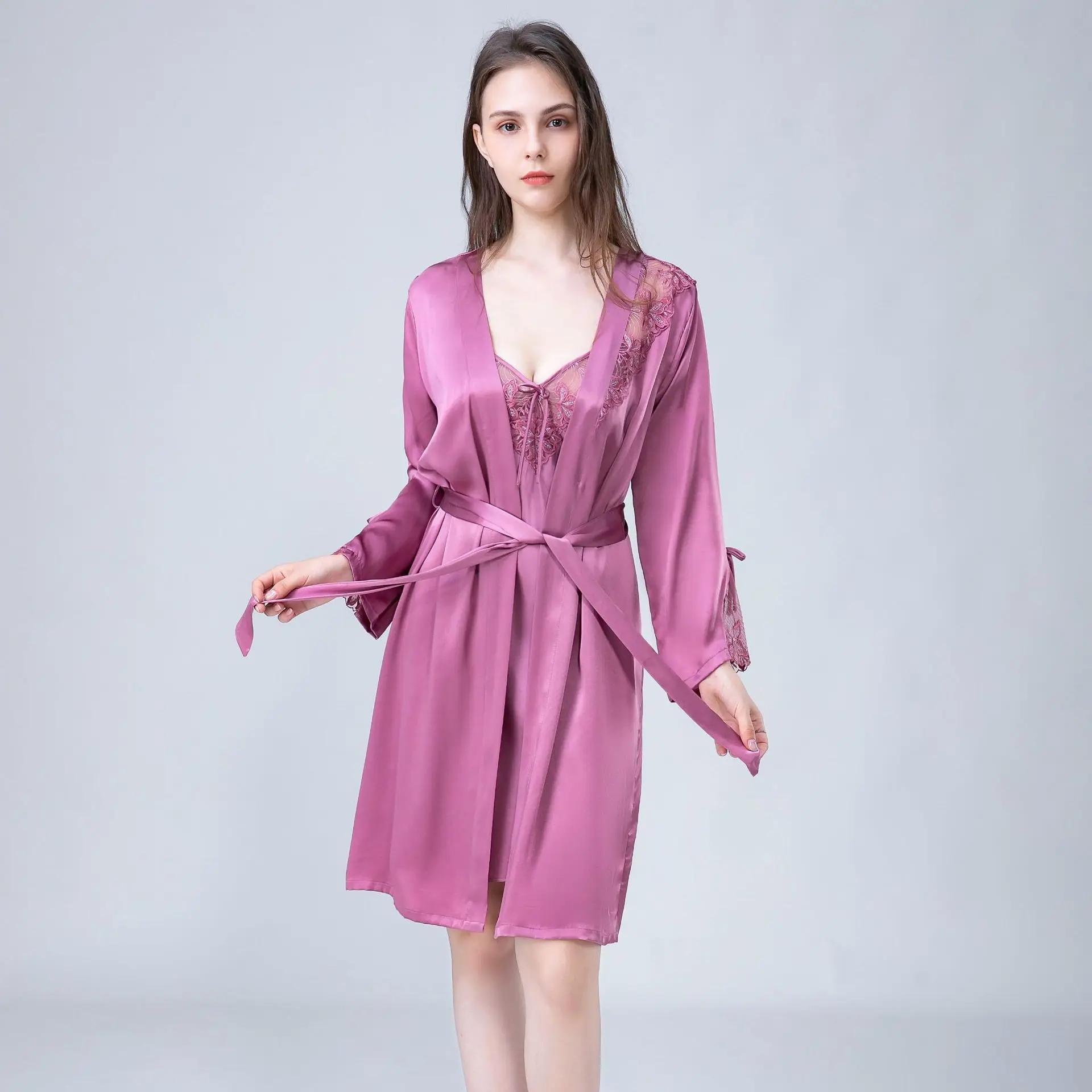 Sheer Lace Silk Robe and Nightgown 2-Piece Set 100% Mulberry Silk Sexy Kimono Bathrobe & Chemise Women's Luxury Loungewear PJS