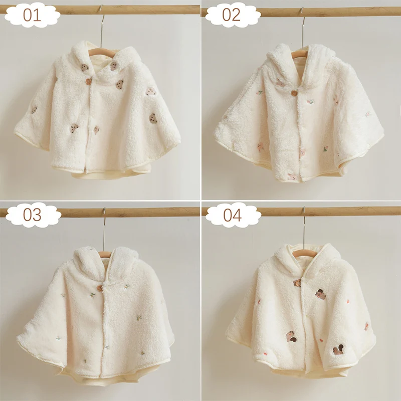 Baby Kids Hooded Velvet Coat Cloak Infant Girls Cute Fleece Fur Embroidery Bear Winter Warm Coat Outerwear Cloak Jacket