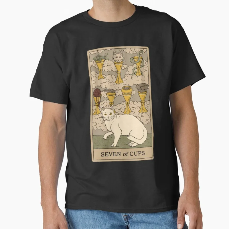

Seven of Cups Vinage Tarot Card Cat Funny magical cats cute pet Gift T shirt for men large size Adult Tops S-6XL mens clothing