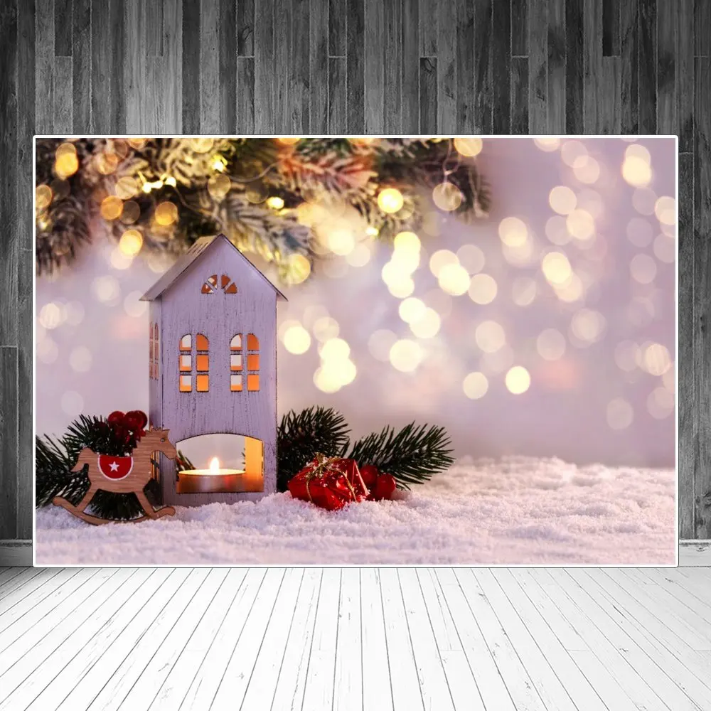 Christmas Gift Pines Rocking Horse Wooden House Light Bokeh Photography Backdrops Custom Party Home Decoration Photo Backgrounds