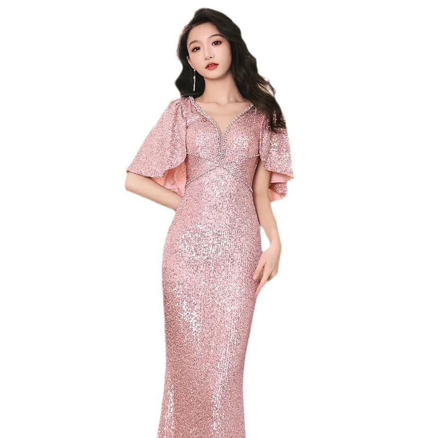 A18 Evening dress sequined short sleeve fishtail dress