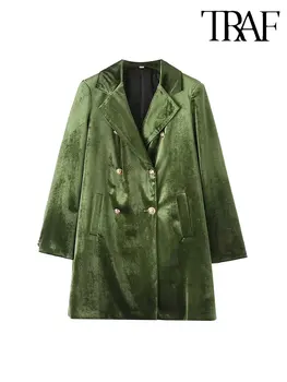 TRAF 2023 jesienna klapa damska marynarka dwurzędowa kurtka dwurzędowa długa kurtka wykonana codziennie z pełnym rękawem aksamitna kurtka