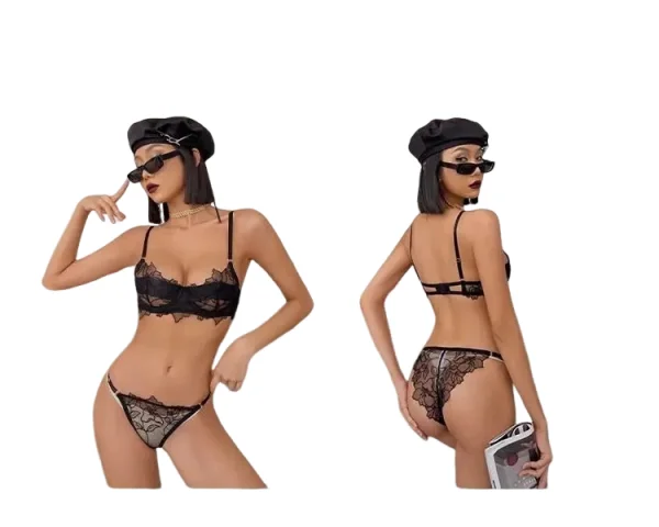 KUCLUT French Lace Lingerie Set, Sexy Cut Out Embroidery Ultra Thin for Small Breasts Gathered Fastening Pure Erotic Design ABC