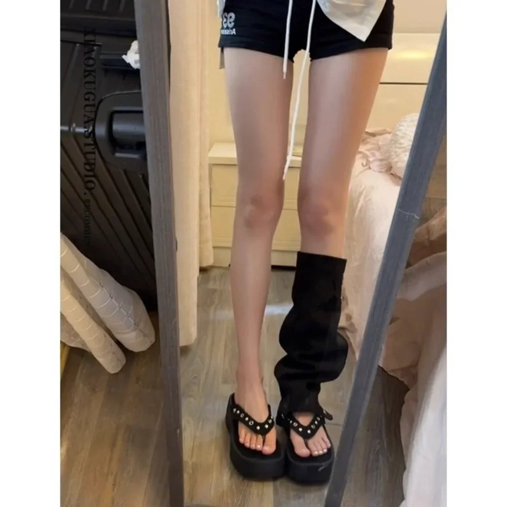 Y2K Plateau Sandalen Damen Punk Schnalle Beinstulpen Stulpen Gothik Denim Chunky Zehentrenner Flatform Slippers Sommer Strandschuhe Plateau Flip Flops – Detail 3