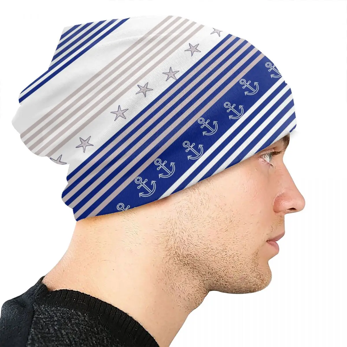 Anchors Starfish Bonnet Hat Goth Skullies Beanies Hat Blue Nautical Navy Style Pattern Sailing Marine Knit Hat Spring Caps