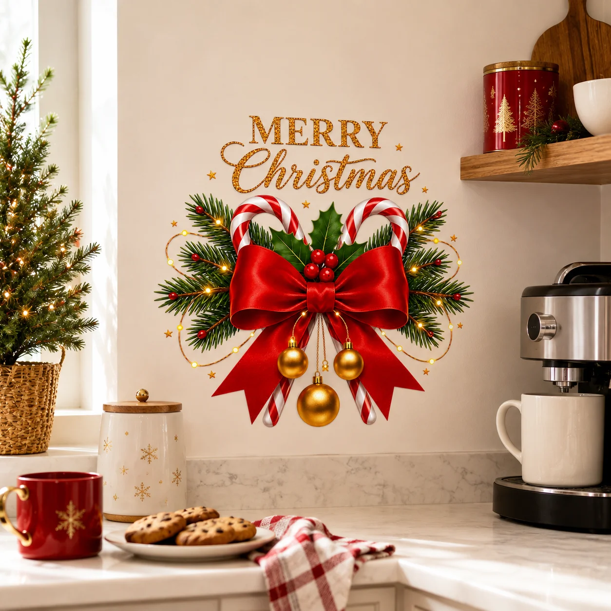 Merry Christmas Wall Decals Xmas Candy Canes Red Bow Holly Berry Bauble Holiday Wall Sticker Kitchen Home Decor