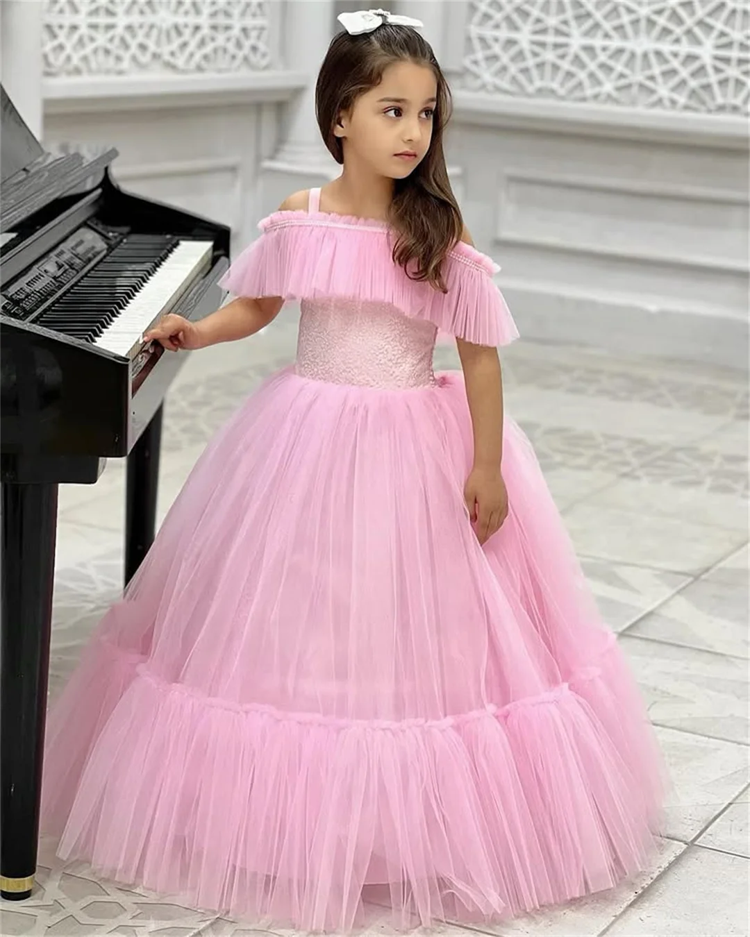 

Pink Tulle Princess Flower Girls' Dresses Boat-neck Off the Shoulder Pleats Long Chic Evening Gown Gorgeous Birthday Party Dress