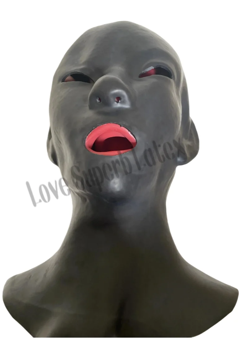 

Mould Latex Mask Fetish Unisex Rubber Hood Anatomical Heavy Lined With Red Mouth Sheath Tongue and Nose Tube