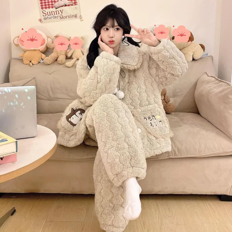 Pijamas de mujer ropa de dormir cómoda conjunto de pijama de algodón invierno otoño acolchado coreano lindo pingüino Coral polar grueso traje para casa