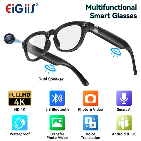 EIGIIS AI Smart Glasses Bluetooth Call With AI Voice Translate Intelligent shooting function Noise Reduction Waterproof Glasses