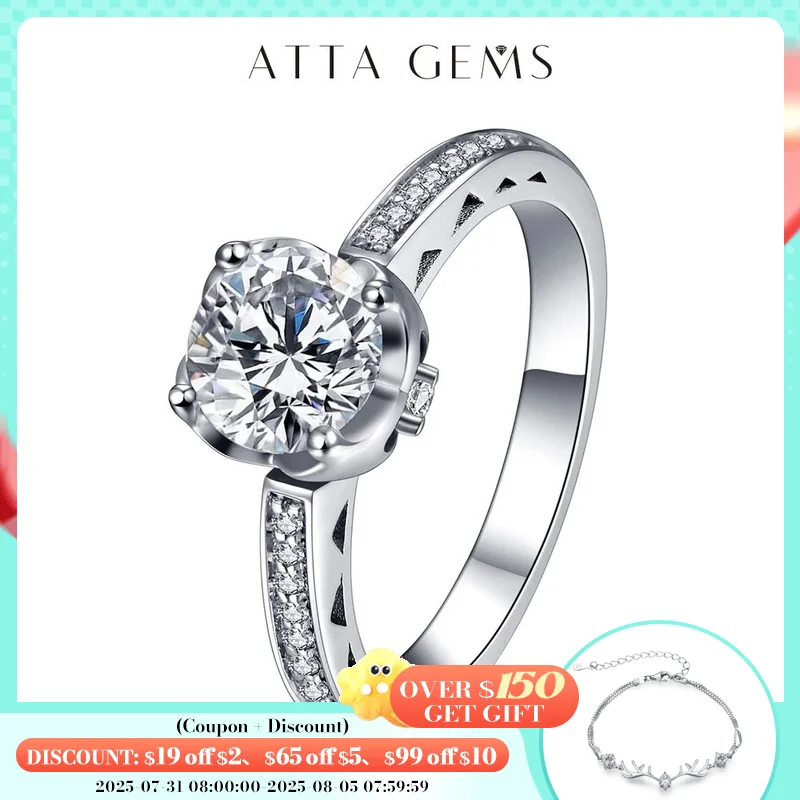 

ATTAGEMS 1ct 6.5mm Round Cut D VVS1 Moissanite 925 Silver Ring Diamond Test Passed Fashion Claw Setting Women Girlfriend Gift