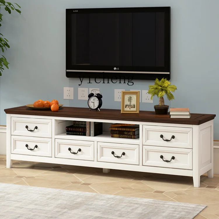 TQH all-pure solid wood TV cabinet coffee table combination living room Mediterranean low cabinet bedroom white pastoral