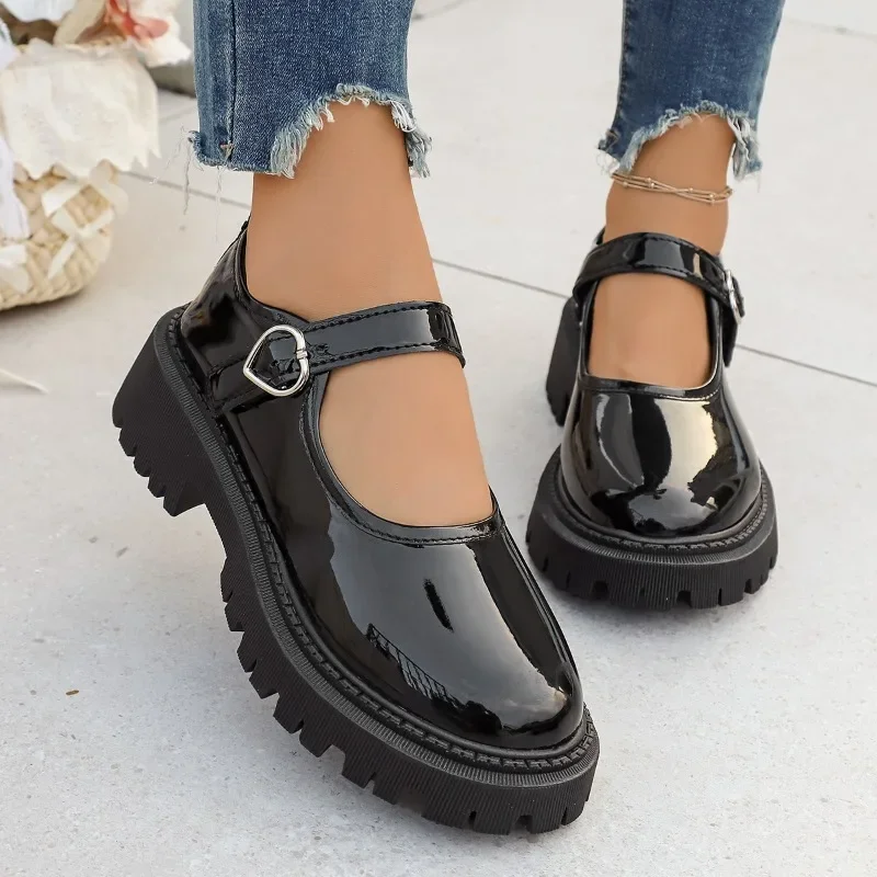 *Newly Solid Color Comfortable Buckle Round Toe High Heels Four Season Fashionable Elegant Casual Coarse Heeled Women's Shoes