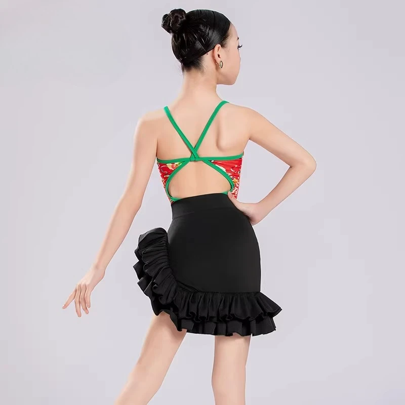 

Детский комплект для латиноамериканских танцев с крупным узором для девочек: топ без рукавов и юбка с оборками для бальных танцев, сальсы, ча-ча-ча, соревнований и тренировок