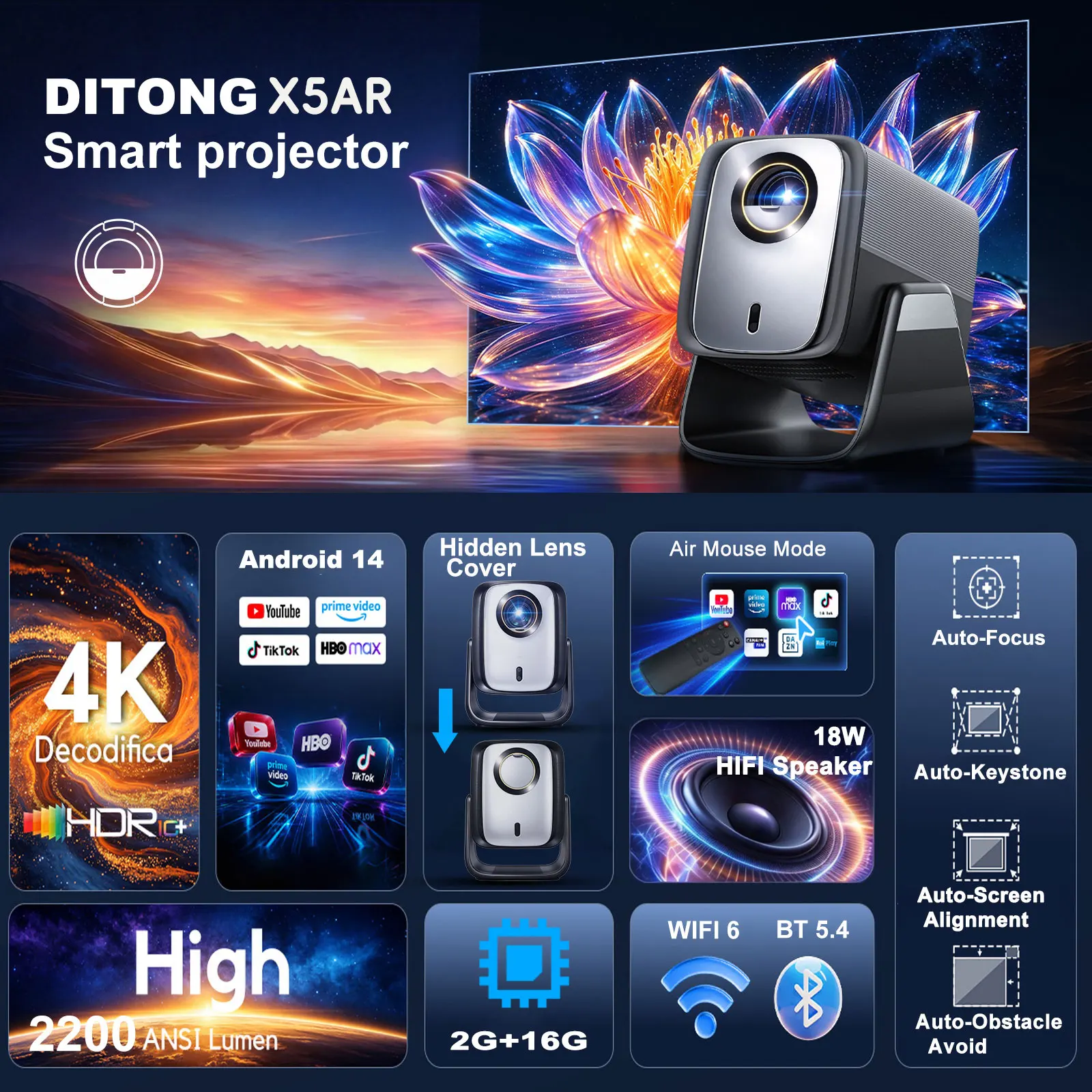DITONG HT3 HD Projector Native 1080P Support 4K WIFI6 BT5.4 Android Mini Portable Projector LED Home Theater Video Projector