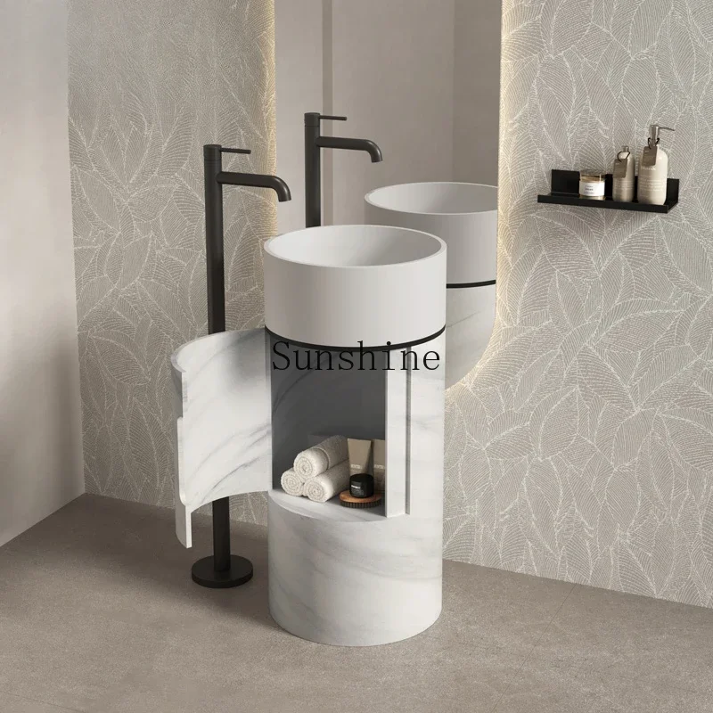 Integrated floor-to-ceiling marble sink circular storage column basin