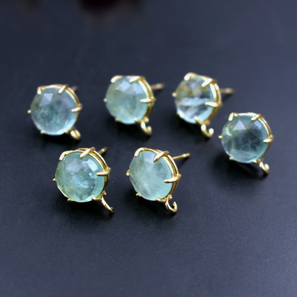 6pair DIY Jewelry Accessories Colors Stone Ear Posts Round Light Blue Green Quartz Stone Earring with Loop Connectors