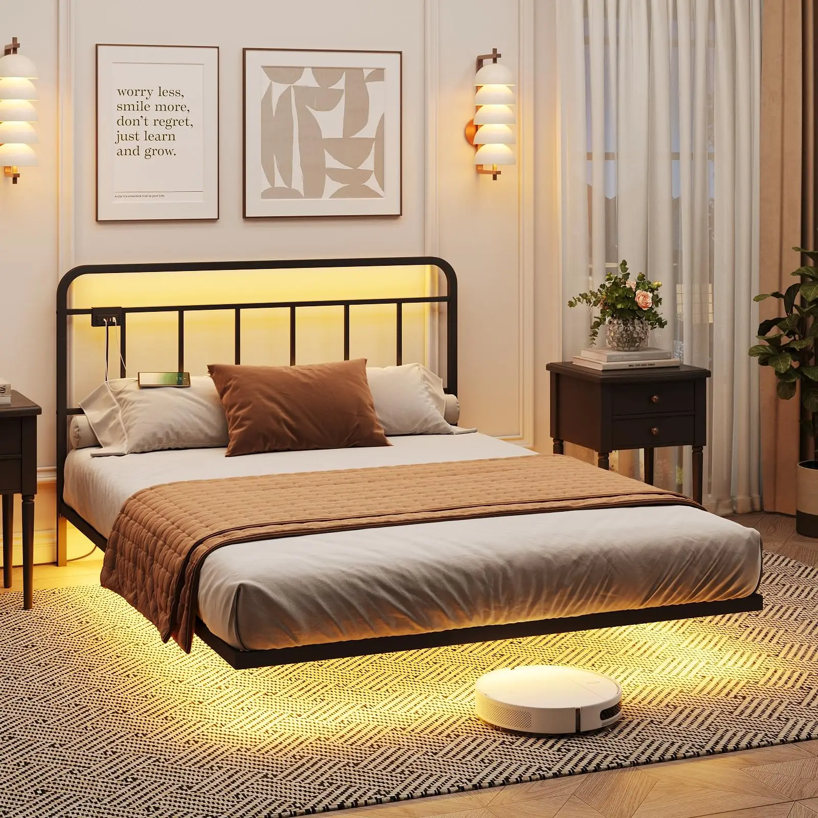 

Vabches Floating Queen Size Bed Frame with LED Lights&Power Outlet Metal Platform Bed Frame with Headboard No Box Spring Needed