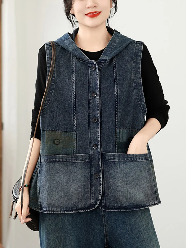 Loose Casual Hooded Denim Vest plus Size Short Sleeveless Versatile Shoulder Coat Women's Fashion Inner Wear Cotton Polyester...