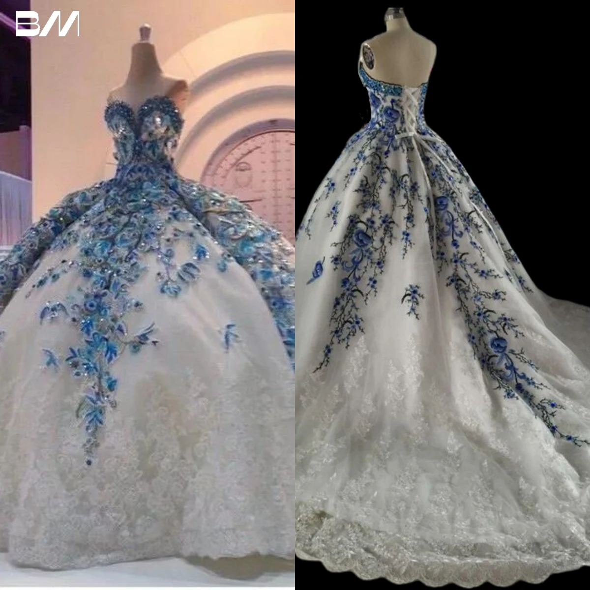 Incredibile abito da ballo arabo abiti da sposa blu floreale bianco Appliques perline di cristallo con enorme abito da sposa sottoveste personalizza