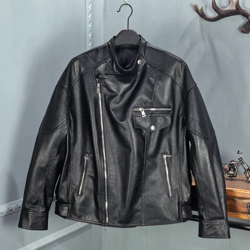 2026 春の新作ファッショナブルな女性のシープスキンレザージャケットスタンドカラーモーターサイクルスレロングスリーブジッパーミッドレングスコート
