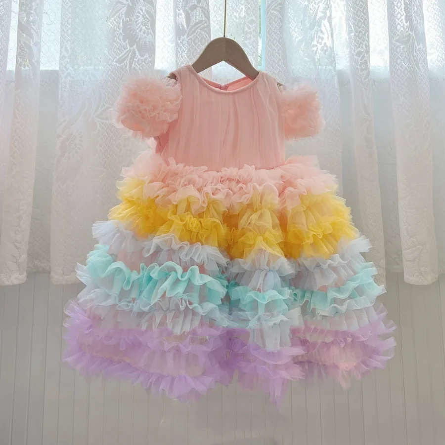 Rainbow Tiered Flower Girl Dress for Wedding Glitter Tulle O Neck Tailored Baby Girls Dresses Party Birthday Prom Gowns