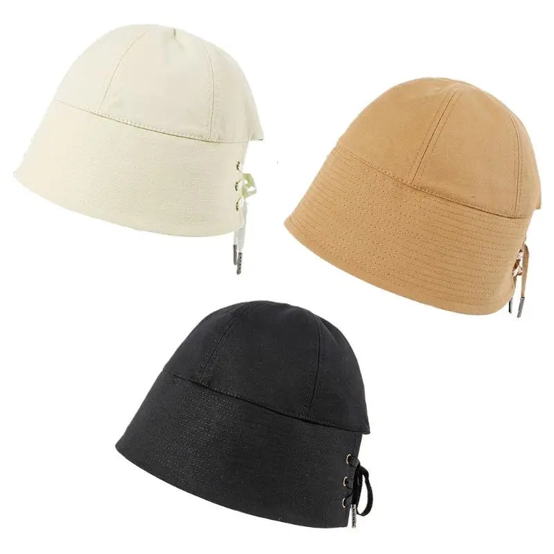 Women Summer Wide Brim Sunscreen Dome Bucket Hat Hollow Out Criss-Cross Lace-Up Bandage Outdoor Vacation Fisherman