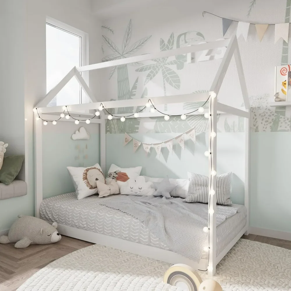 Bunk Beds, Floor Bed with Wood Slats, No Box Spring Needed, Twin Size, White Furniture Bedroom Bed for Girls Loft