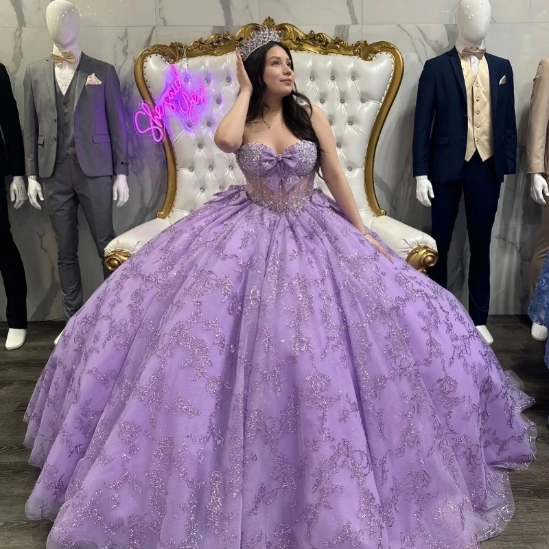 Lavender Sparkly Crystal Quinceanera Dress Party Birthday Bow Bride Robe Lace Floor-length Bridal Dresses Vestidos De 15 Novia