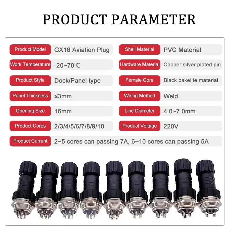 5/20Sets Aviation Connector GX16 M16 QL16, Waterproof Male/Female Plug & Socket with 2/3/4/5/6/7/8/9/10 Pins for Sensor Joint