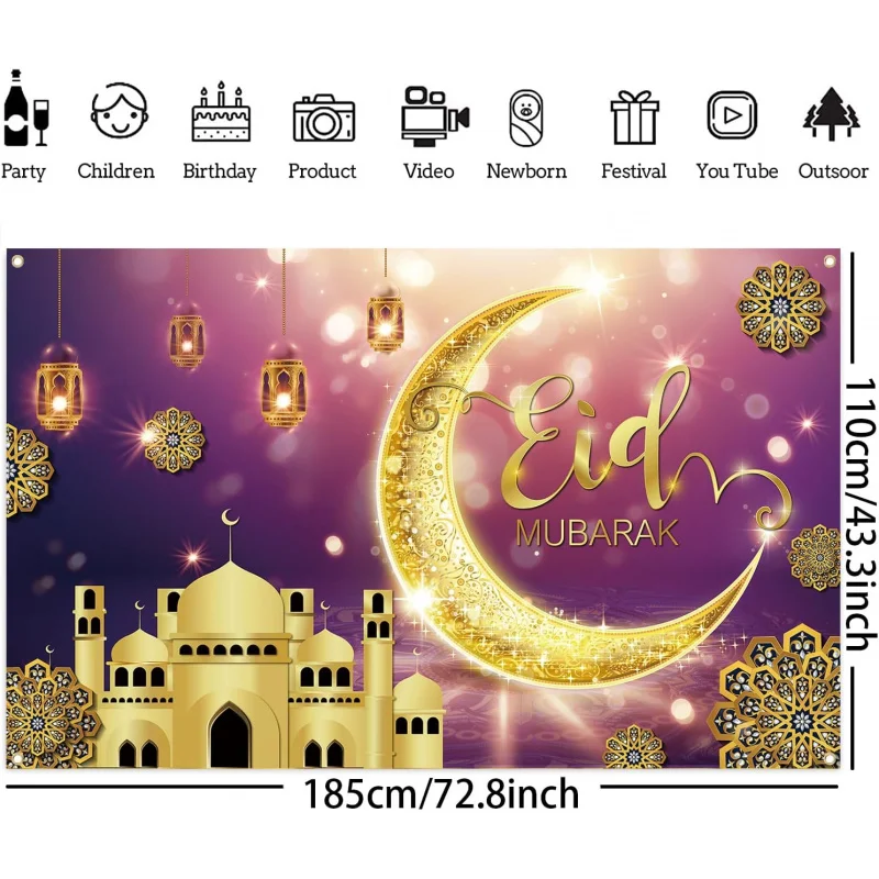 VIKAMA Eid Al Fitr Party Decoration Eid Al Fitr Banner Ramadan Mubarak Background Curtain Muslim Ramadan Party Decoration