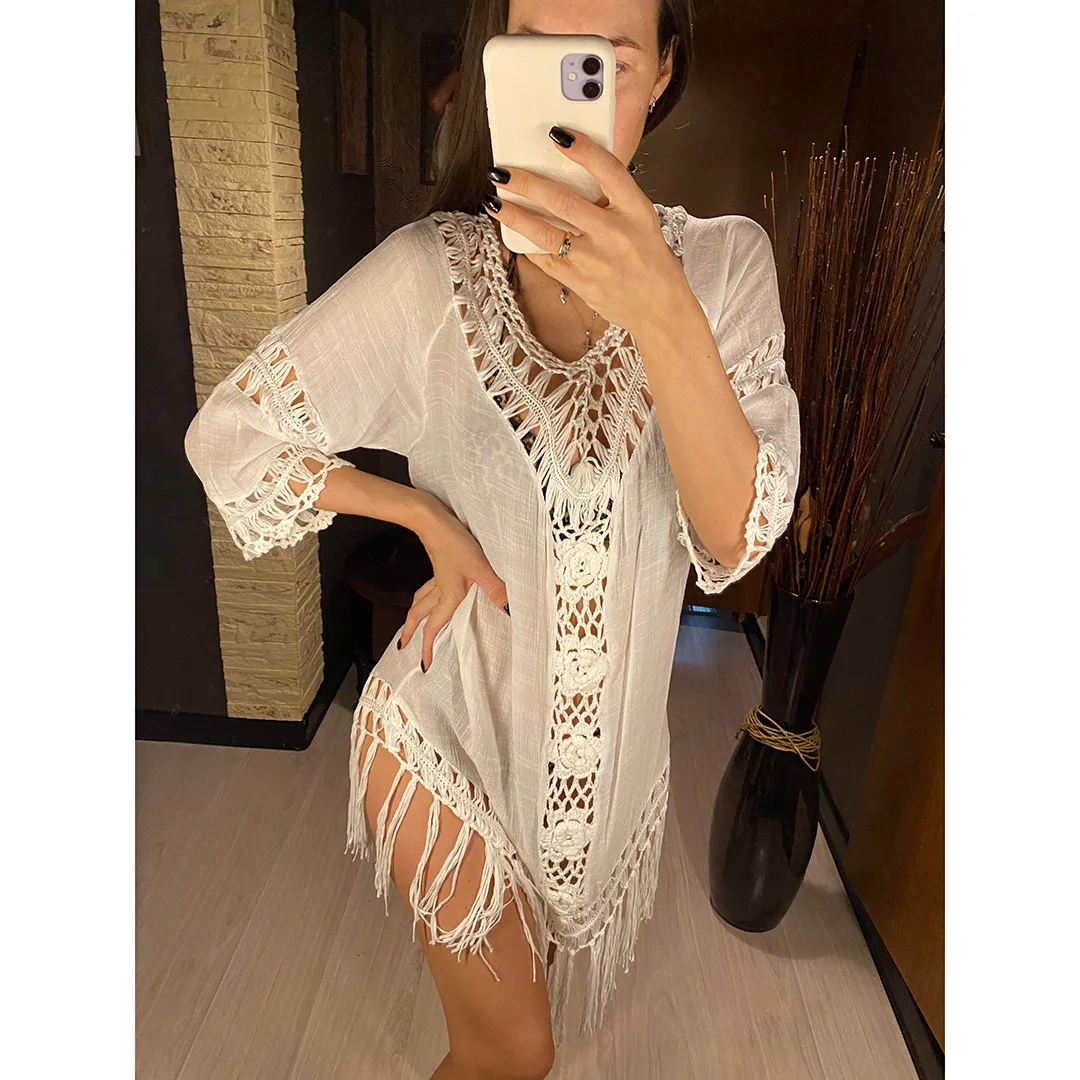 Sexy rückenfreie, ausgeschnittene Tunika mit Fransen, Strandkleid, Strandmode, Damen V2650 – Detail 10