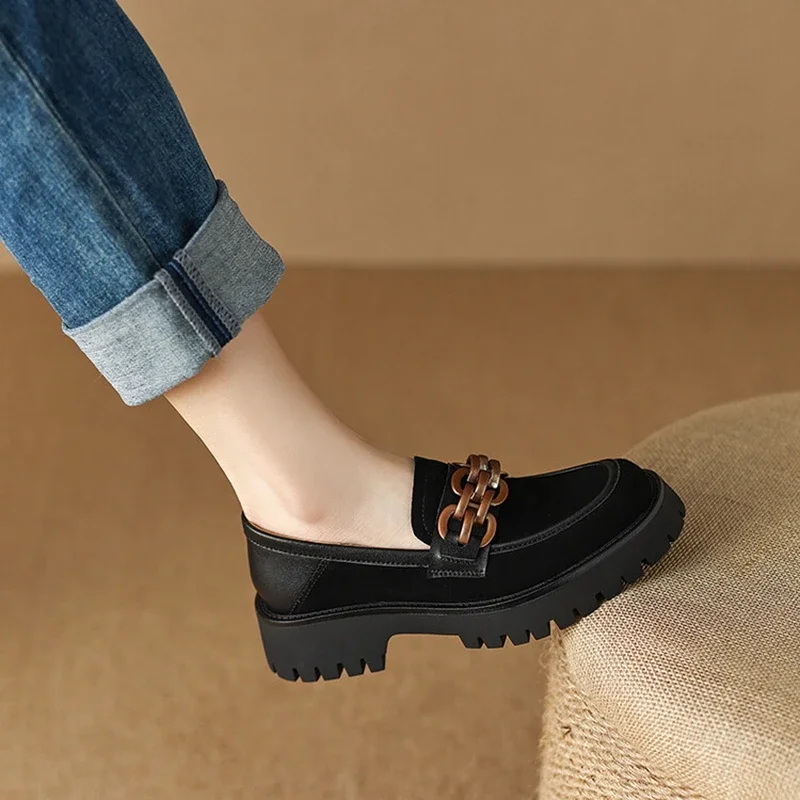 NEW Spring/Autumn Women Loafers Round Toe Chunky Heel Shoes Sheep Suede Shoes for Women Retro Metal Buckle Platform Women Shoes