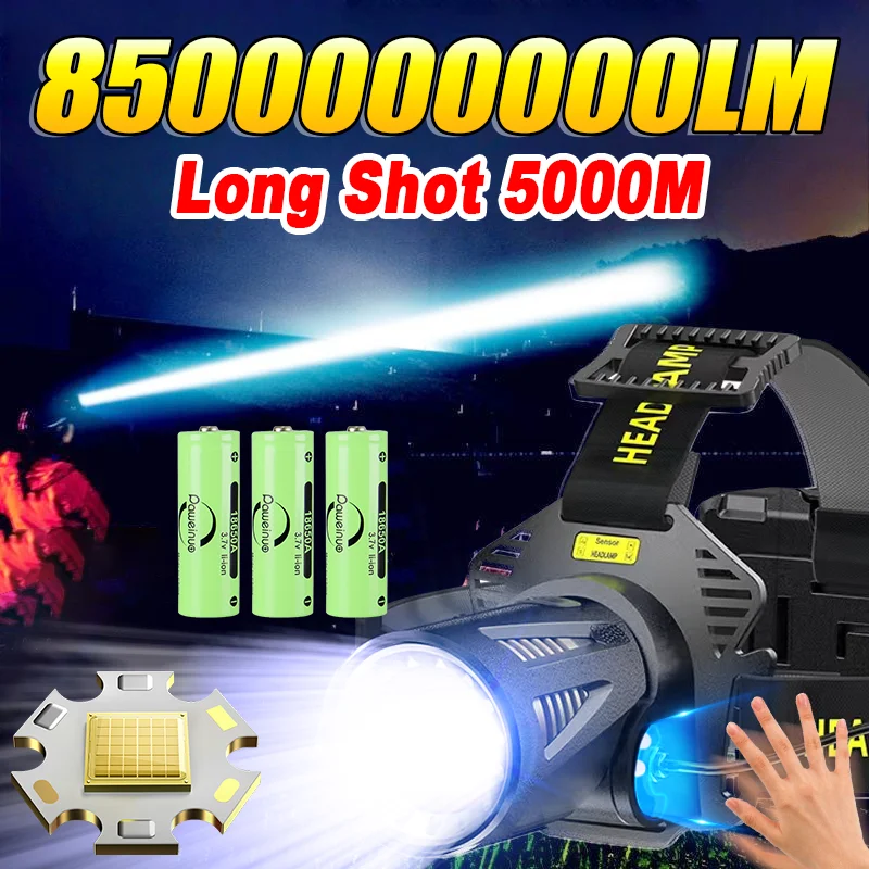 Linterna frontal LED ultrabrillante de 8500000000LM, linterna frontal con Sensor IR, recargable XHP360, linterna para pesca y Camping 18650