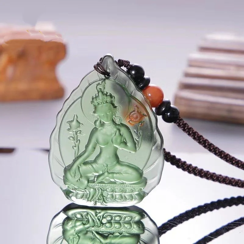 Vintage Liuli Green Tara Buddhist Statue - Tibetan Buddhist Talisman Hanging Ornament Accessories Lucky Home Decor