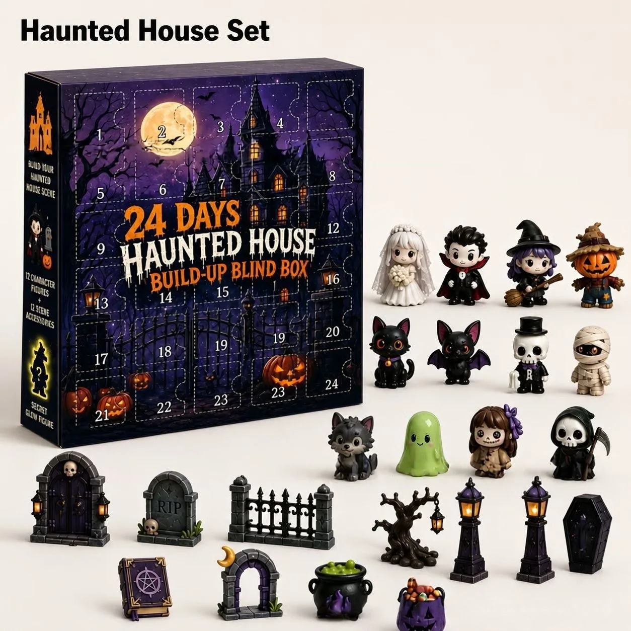 2026 Halloween-Adventskalender 24-Tage-Countdown 24-teiliges Horrorfilm-Minifiguren-Set Tischdekoration für Zuhause und Party Überraschungsgeschenk
