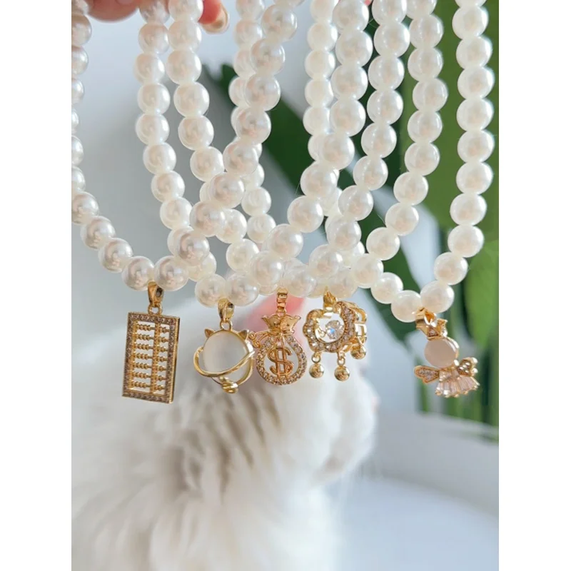 Dogs and Cats Pet CollarQuinnPrincess Style Retro Twin Colorful Pearl Diamond Cat Dog Photography Accessories Necklace Decoratio