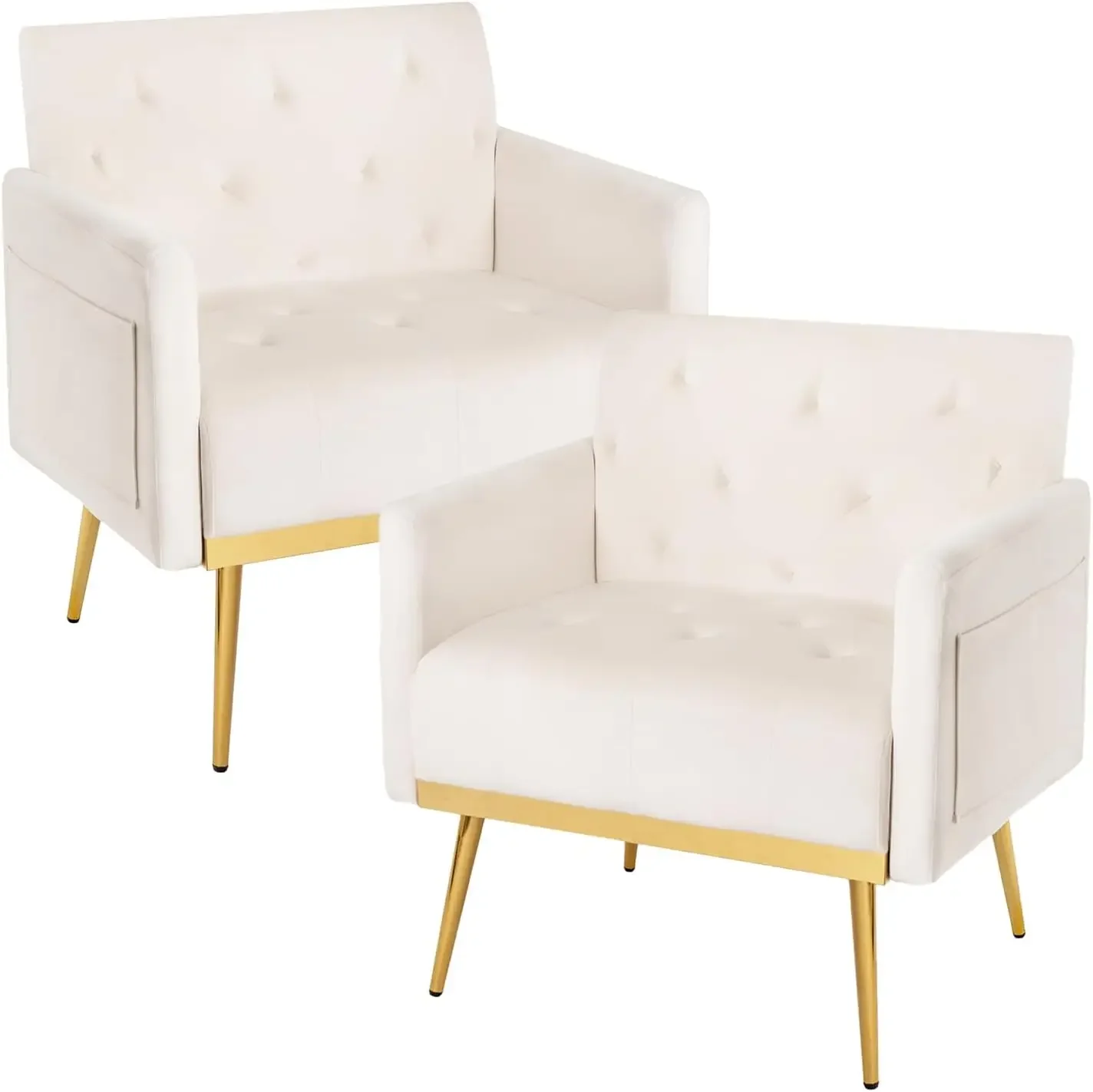 Velvet Accent Chair Set of 2 w/Gold Metal Legs, Mid Century Modern Reading Chair w/Side Pocke Single Sofa Armchair  1 Chair