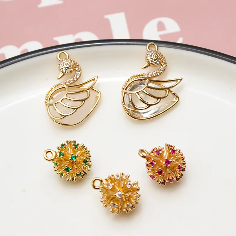 1pcs Diy Jewelry Accessories Pure Copper Gold-plate Inlaid Zircon Flower Swan Ball Pendant Necklace Earring Tail Pendant Charms