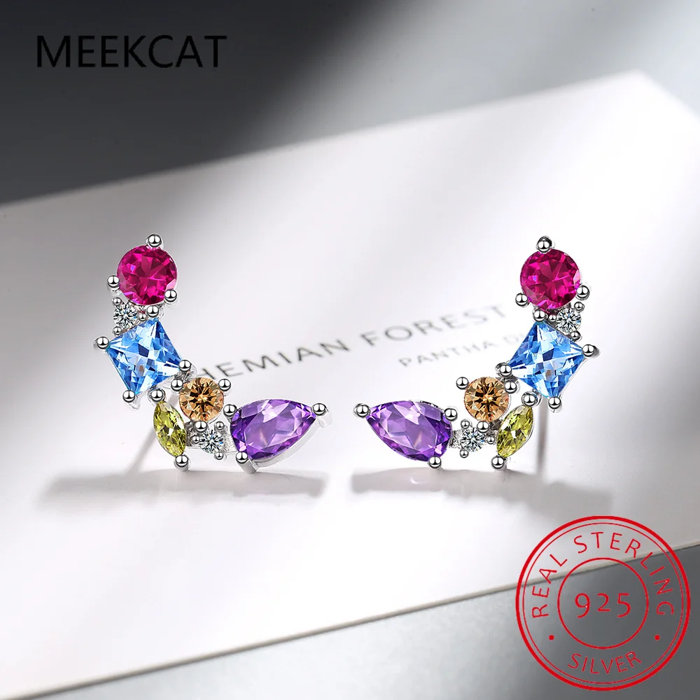 Geometric Garnet Amethyst Citrine Peridot Blue Topaz 925 Sterling Silver Rainbow Arc Stud Earring Colorful Gemstone Jewelry