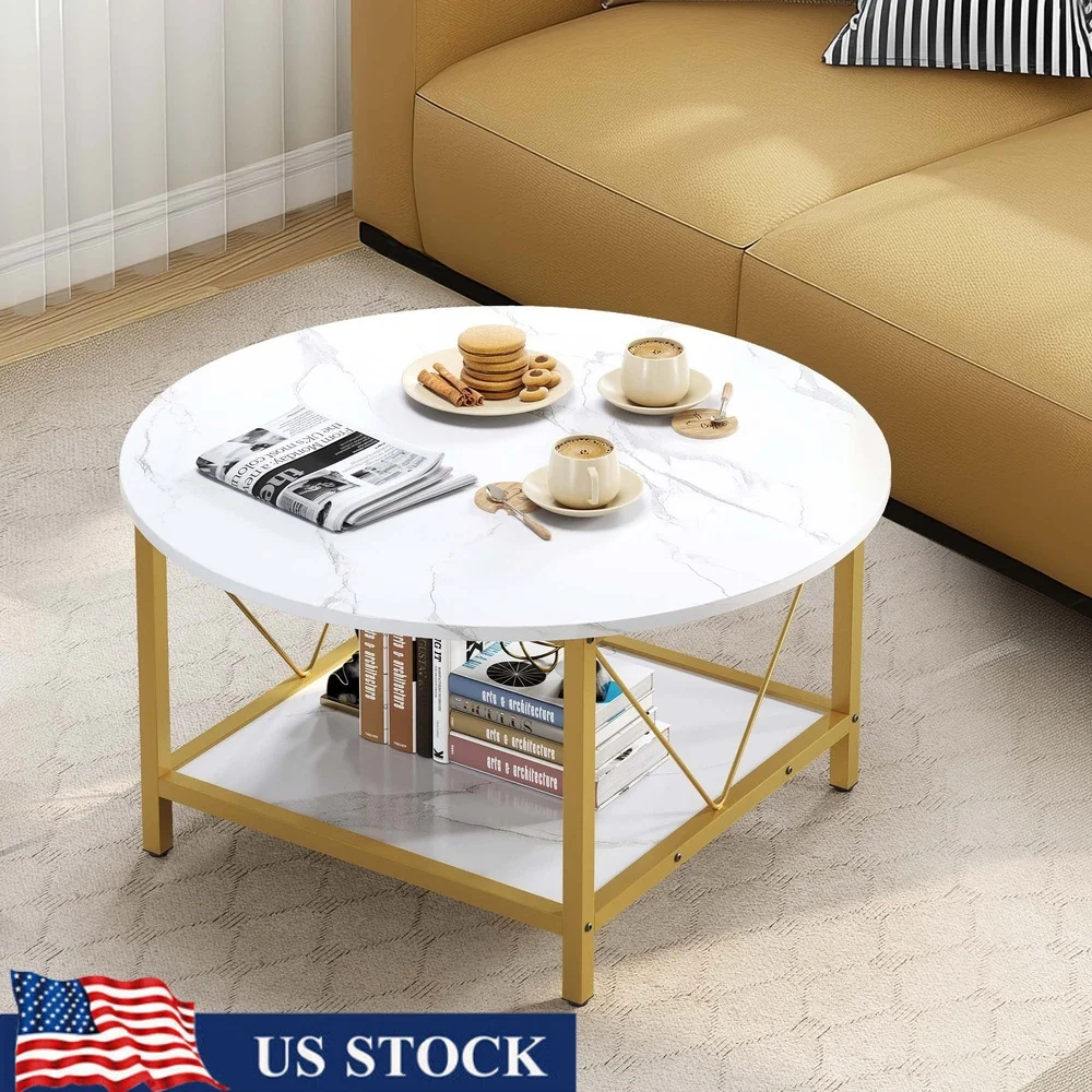 Round Coffee Table with Storage Rustic Design Sturdy Metal Legs Spacious Top Lightweight Easy Assembly Ideal Living Room Bedroom